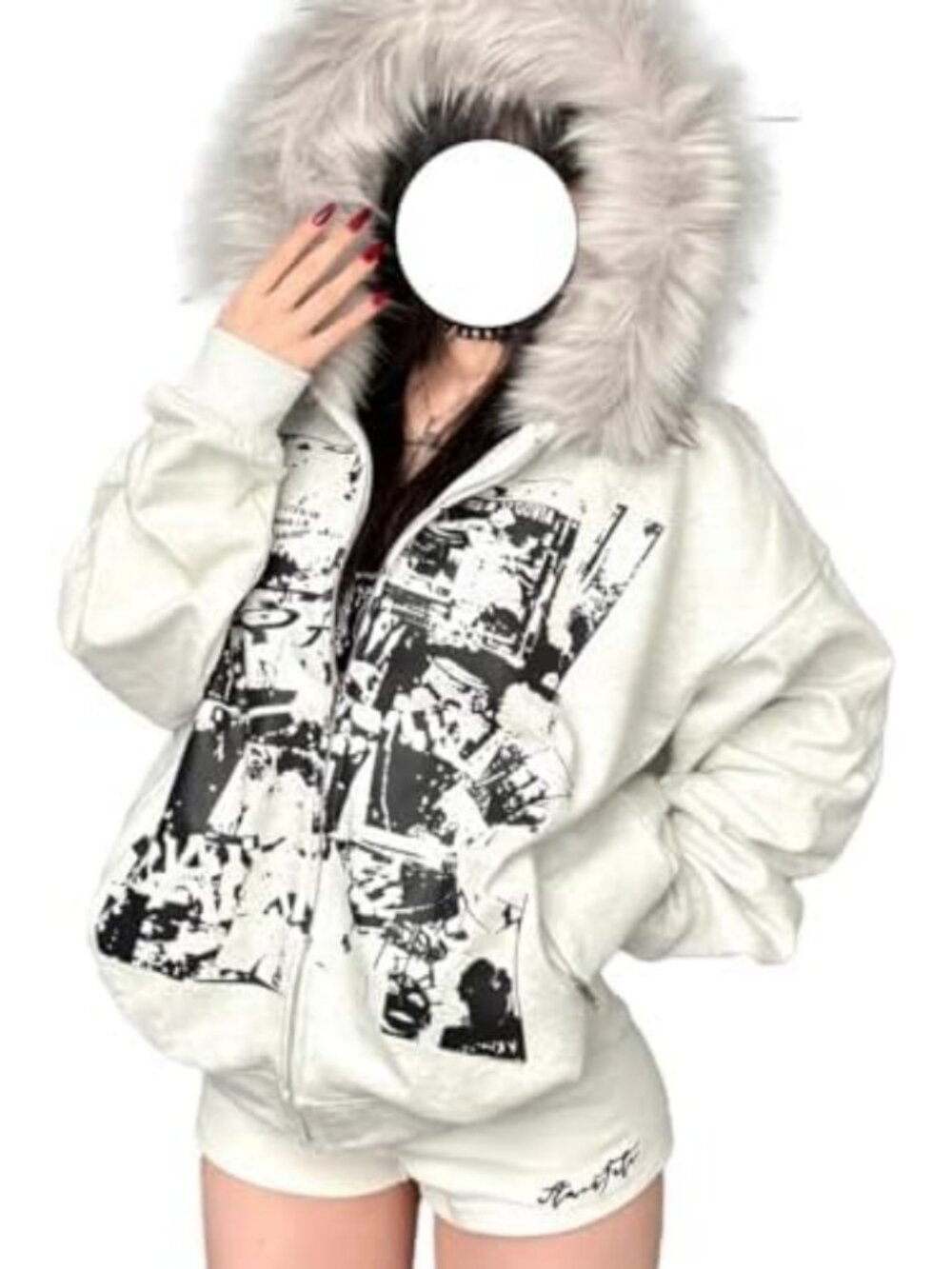 Y2K Grunge Faux Fur Zip-Up Hoodie for Women - Vintage Punk Gothic Graphic Jacket